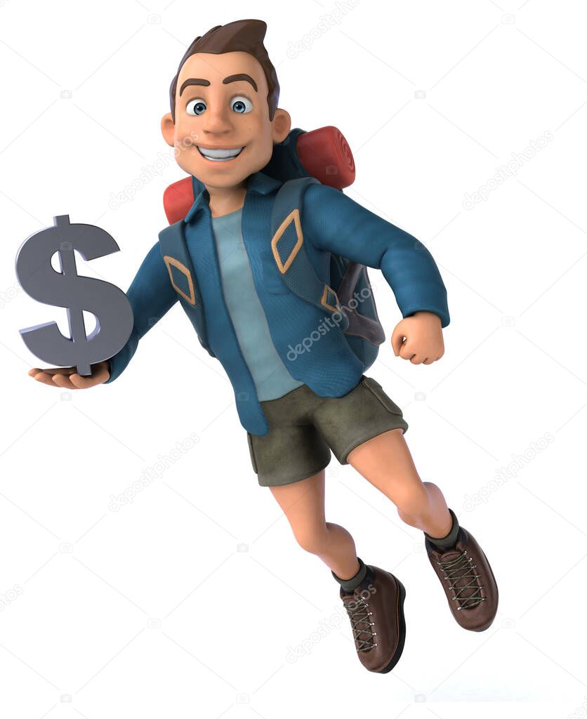 Fun illustration of a 3D cartoon backpacker with dollar 