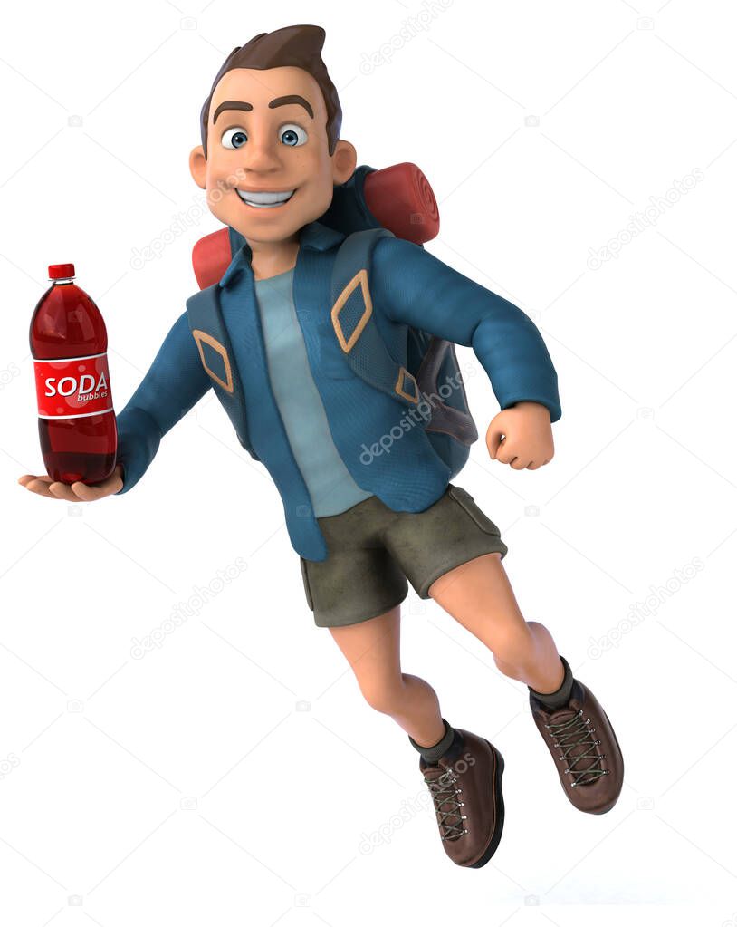Fun illustration of a 3D cartoon backpacker character with soda 