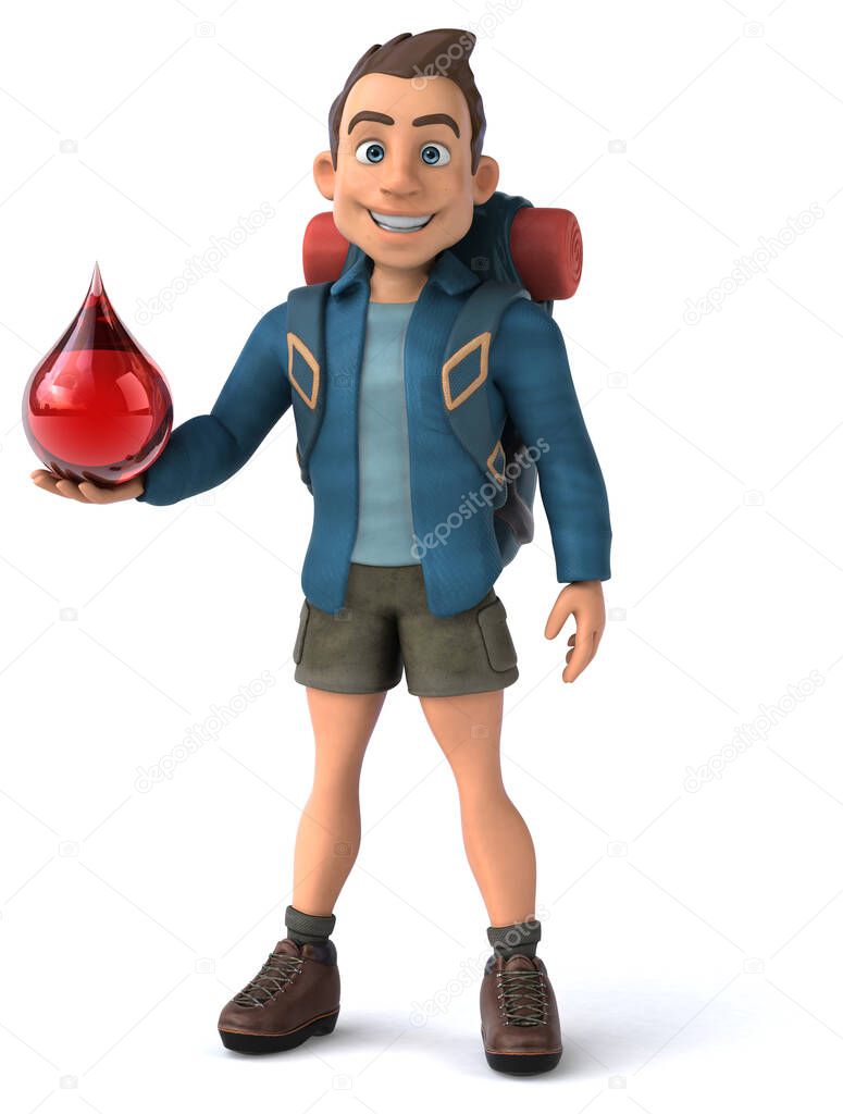 Fun illustration of a 3D cartoon backpacker with drop 