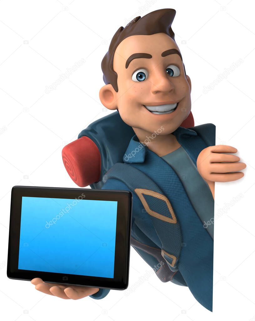 Fun illustration of a 3D cartoon backpacker character with tablet