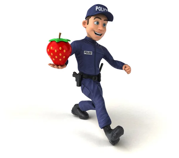 一个带草莓的卡通警察的3D有趣图片 — 图库照片