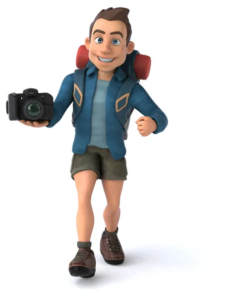 带相机的3D卡通背包客的有趣插图 — 图库照片
