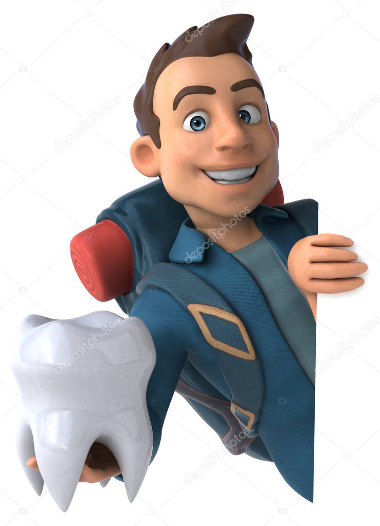 Fun illustration of a 3D cartoon backpacker with tooth