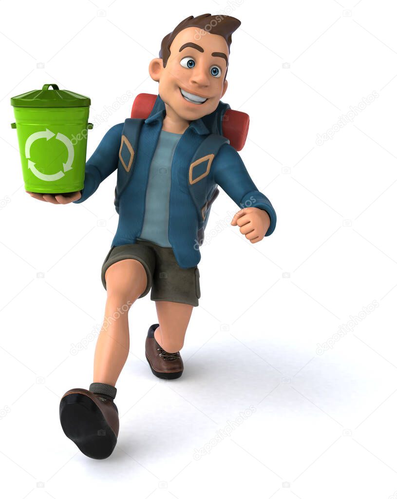 Fun illustration of a 3D cartoon backpacker with bin
