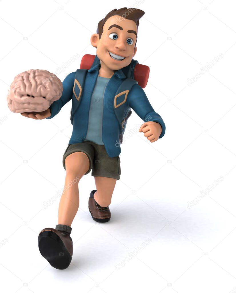 Fun illustration of a 3D cartoon backpacker with brain 