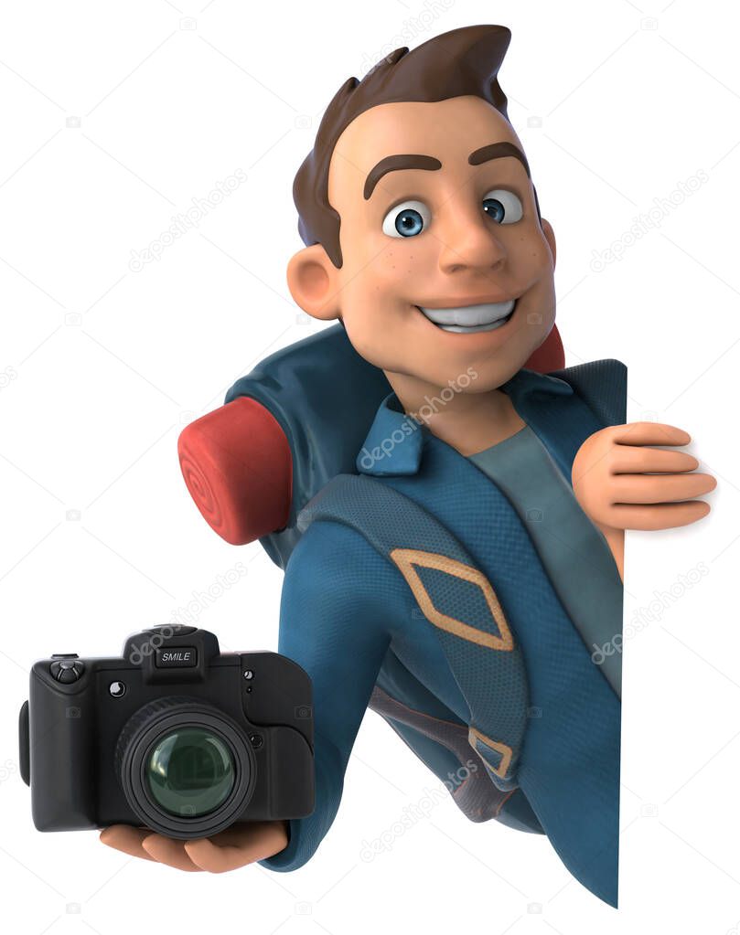Fun illustration of a 3D cartoon backpacker with camera