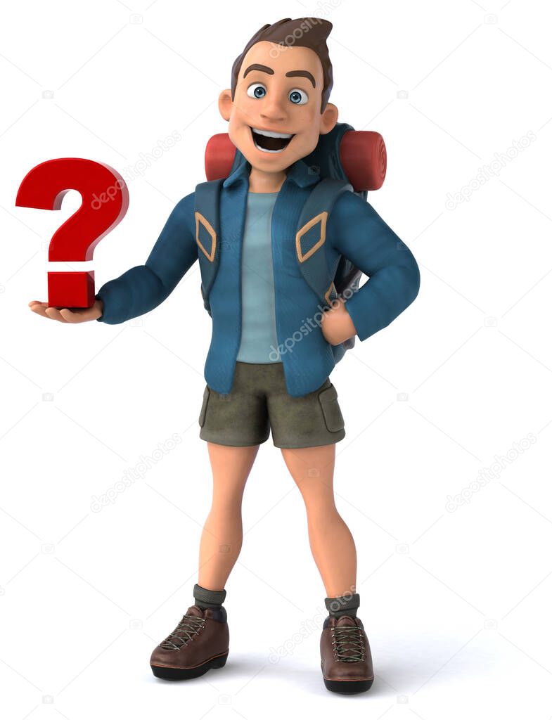 Fun illustration of a 3D cartoon backpacker with  question 