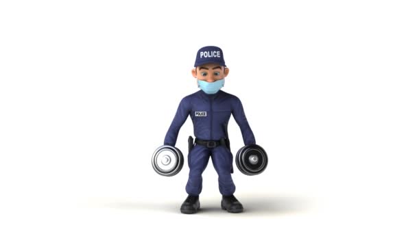 Szórakoztató Animáció Egy Rajzfilm Rendőr Maszk Emelés Súlyok — Stock videók