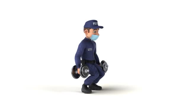 Diversión Animación Oficial Policía Dibujos Animados Con Pesos Elevación Máscara — Vídeo de stock