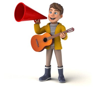 Yağmur giysileri ve gitarlı bir çizgi film çocuğunun eğlenceli 3D görüntüsü. 