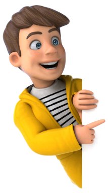 Kartvizitli, yağmurluk giyen komik çocuk. 