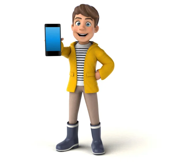 Fun Illustration Eines Zeichentrickkindes Mit Regenbekleidung Mit Smartphone — Stockfoto