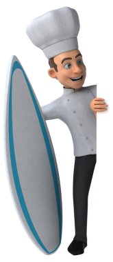 Eğlenceli 3 boyutlu çizgi film karakteri şefi sörf yapıyor.