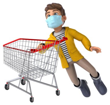 Yağmurluk alışverişi yapan bir çizgi film çocuğunun 3 boyutlu eğlenceli görüntüsü.