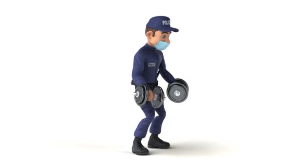 Fun Animation Cartoon Police Officer Mask Lifting Weights — Stock Video