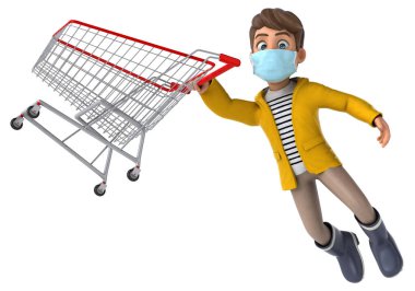 Yağmurluk alışverişi yapan bir çizgi film çocuğunun 3 boyutlu eğlenceli görüntüsü.