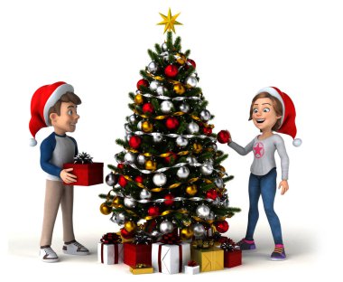 Çizgi film karakterlerinin eğlenceli üç boyutlu çizimi Noel ağacı olan çocuklar.