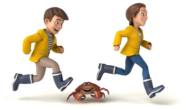 楽しい3D漫画の子供たちのイラストカニが走っています — ストック写真
