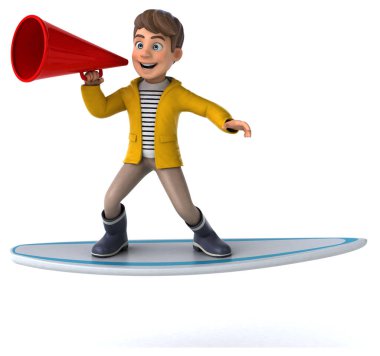 Yağmur giysileriyle sörf tahtası olan komik çizgi film çocuğu. 