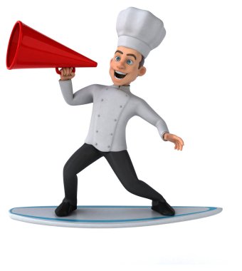 Eğlenceli 3D karikatür şefi sörf yapıyor.