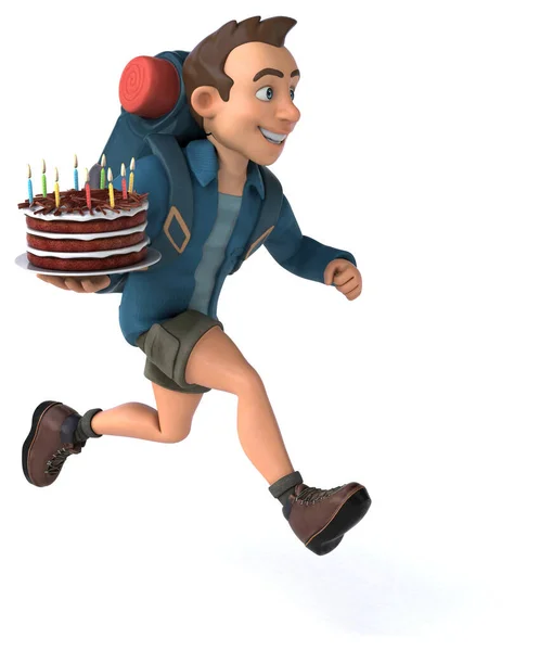 Lustige Illustration Eines Cartoon Backpacker Mit Kuchen — Stockfoto