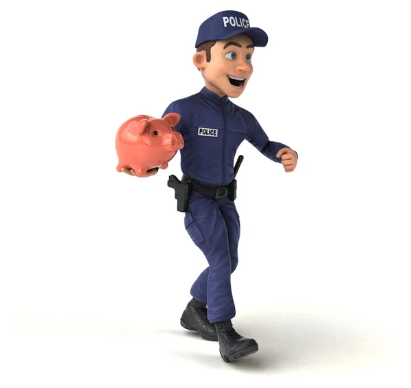 貯金箱付き漫画警察官の楽しい3Dイラスト — ストック写真