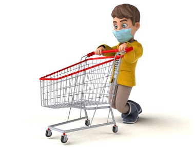 Çizgi film çocuğu, yağmurluk espiri arabasıyla 3 boyutlu eğlenceli bir resim. 