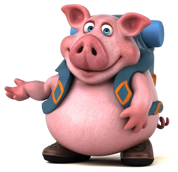 Zabawa Backpacker Świnia Postać Kreskówki — Zdjęcie stockowe