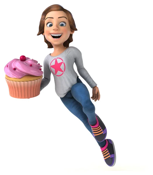 一个带着蛋糕的少女卡通片的三维有趣图片 — 图库照片