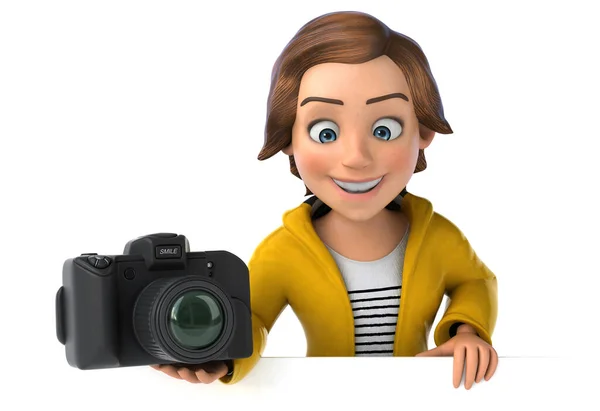 一个带着相机的少女卡通片的三维有趣图片 — 图库照片