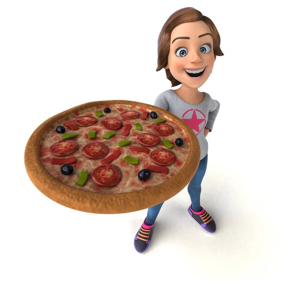 Lustige Illustration Eines Cartoon Teenie Mädchens Mit Pizza — Stockfoto
