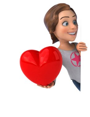 Kalbi olan bir genç kızın 3 boyutlu eğlenceli bir çizimi. 