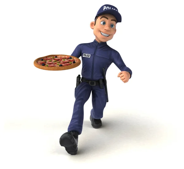 Divertente Illustrazione Poliziotto Dei Cartoni Animati Con Pizza — Foto Stock