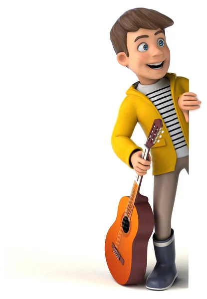 Fun Illustration Cartoon Kid Rain Gear Guitar — Stock Photo, Image