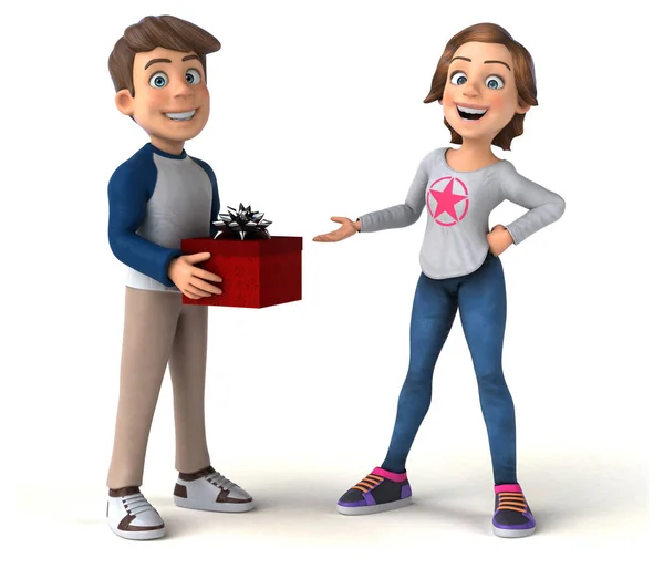 Fun Cartoon Teenager Kinder Mit Geschenk — Stockfoto