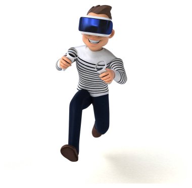 Beyaz arka planda VR kasklı bir karikatürcünün eğlenceli 3D çizimi