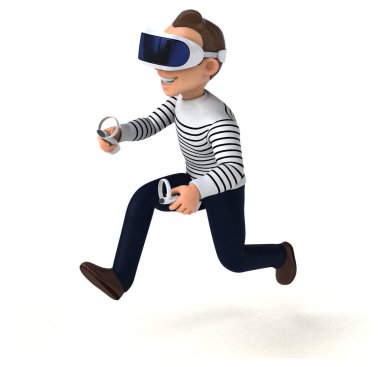 Beyaz arka planda VR kasklı bir karikatürcünün eğlenceli 3D çizimi