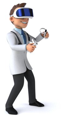 Doktor çizgi film karakteri ile VR miğferinin eğlenceli 3D görüntüsü.