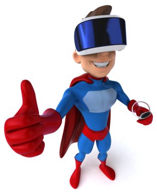 VR miğferli bir süper kahramanın 3 boyutlu eğlenceli görüntüsü