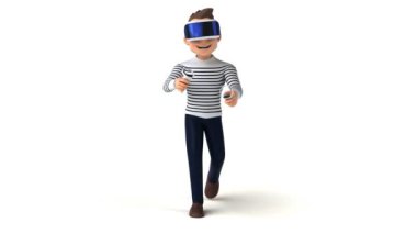 VR kasklı çizgi film karakteri bir adamın 3 boyutlu eğlenceli animasyonu.