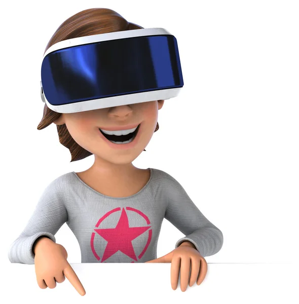 一个带Vr Helmet的少女卡通人物的有趣3D图像 — 图库照片