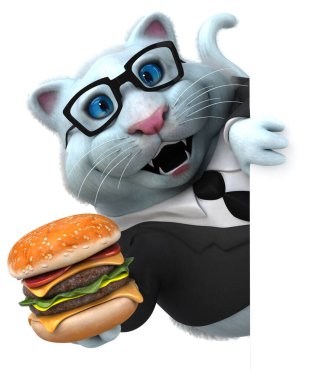Hamburgerli eğlenceli kedi - 3D Görüntü