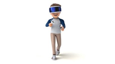VR gözlüklü bir çizgi film karakterinin 3 boyutlu eğlenceli animasyonu.