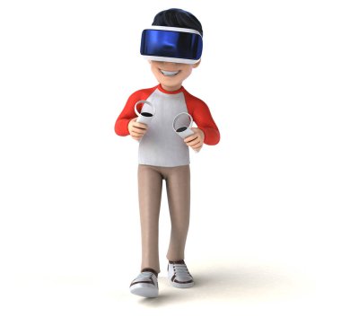 VR kasklı çizgi film karakteri bir çocuğun eğlenceli üç boyutlu çizimi.