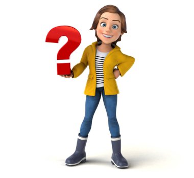 Sorusu olan bir genç kızın 3 boyutlu eğlenceli çizimi. 