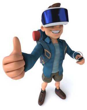 Beyaz üzerine izole edilmiş bir VR miğferi olan bir sırt çantasının eğlenceli 3D görüntüsü 