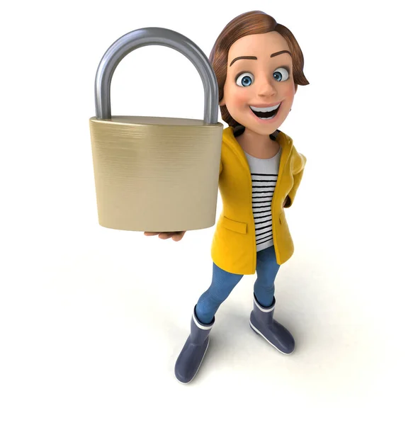 一个带锁的少女卡通片的有趣3D插图 — 图库照片