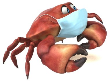 Beyaz arkaplanda maskesi olan 3 boyutlu komik karikatür yengeci