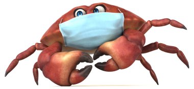 Beyaz arkaplanda maskesi olan 3 boyutlu komik karikatür yengeci