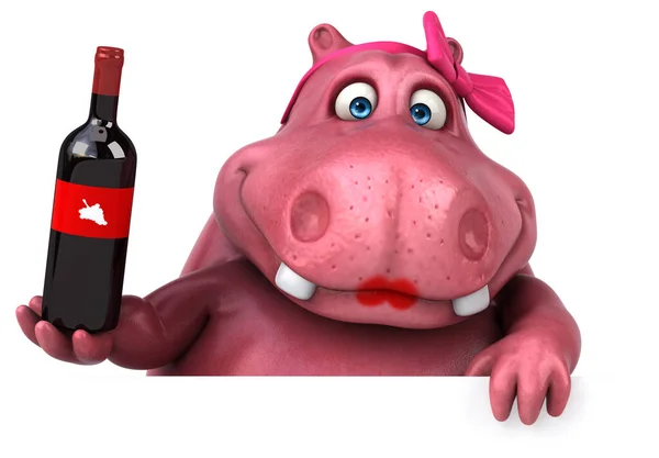 Roze Hippo Met Wijn Illustratie — Stockfoto